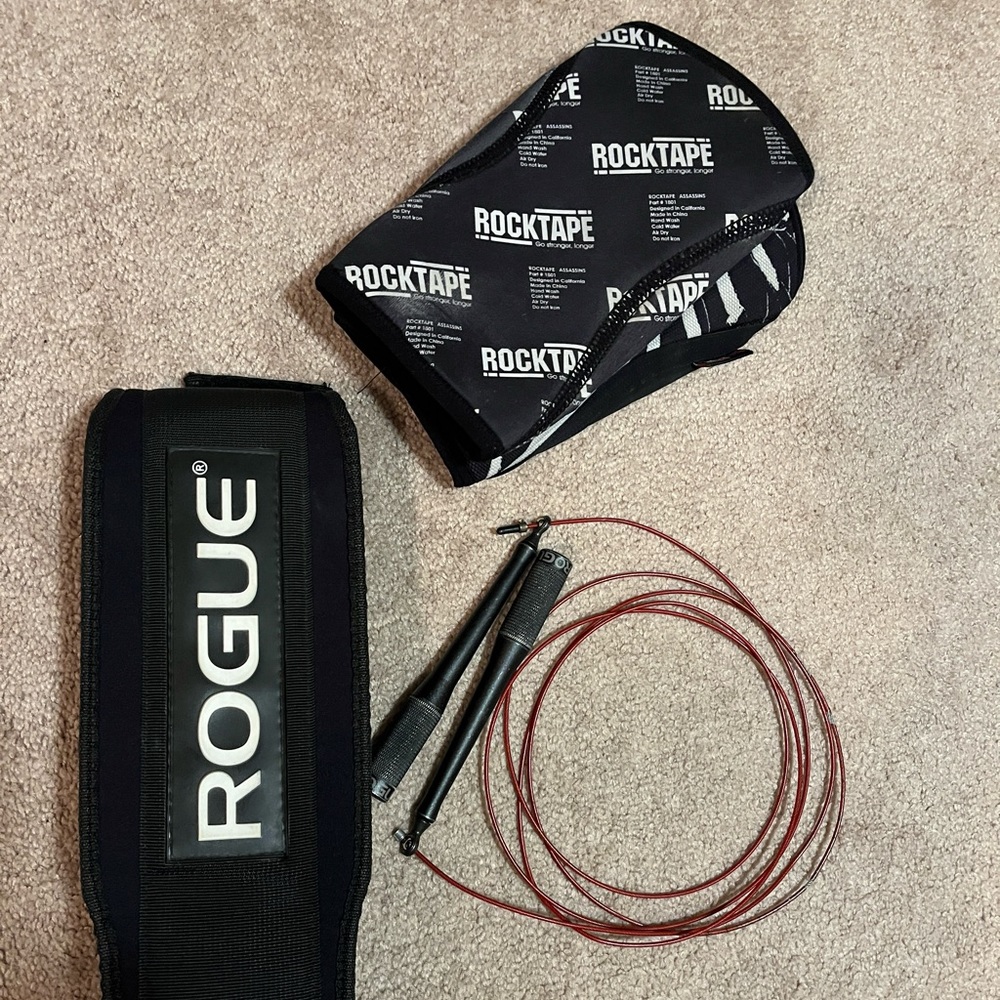 Rogue Belt, Rogue Jumprope, Rocktape Knee Sleeves